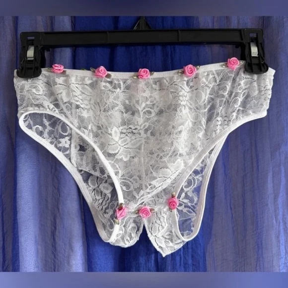 White & Pink Full Lace Crotchless Plus Size Panties. 26" to 36" with Roses - Picture 1 of 5